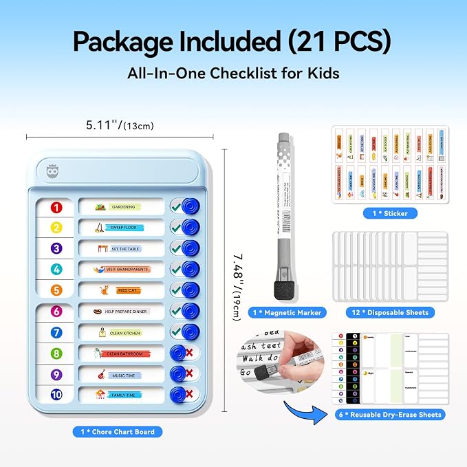 Magnetic Chore Chart Board with Sliders 19 Personalizable Sheets and Marker, Magnetic Fridge Whiteboard for Checklist Chore Chart for Multiple Kids, Daily Routine Chart for Habit Tracker - Blue