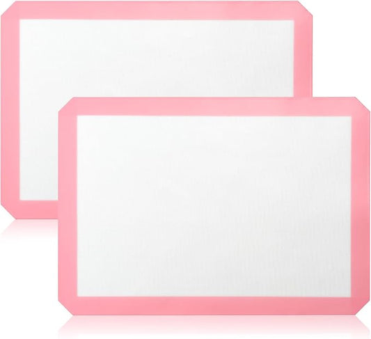 Luckyiren 2-Pack Silicone Baking Mats – Non-Stick Reusable BPA-Free Oven Liners, 100% Food-Grade Silicone, Fit Half Sheet Pans (16.54" x 11.62") for Cookies, Pastry & More, White with Pink Edge