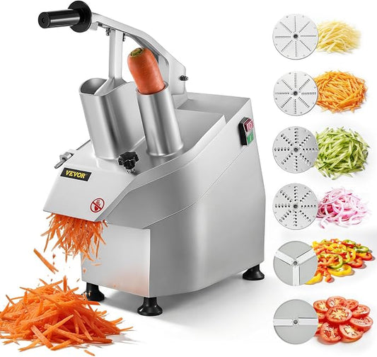 VEVOR Commercial Food Processor 2 Feeding Holes, 550W Electric Vegetable Slicer 1600 RPM, Stainless Steel Vegetable Processor Detachable 6-blades, 3mm/4mm/7mm Shred, 2mm/4mm Slice