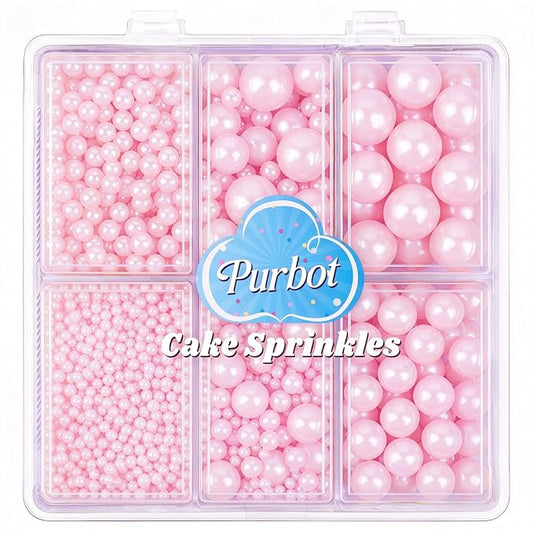 Light Pink Pearl Sprinkles for Cake Decorating, 4 Sizes Sugar 130g/4.6oz, Cupcake, Ice Cream, Donuts, Macaron Toppings Supplies (2mm, 4mm, 7mm, 1cm)