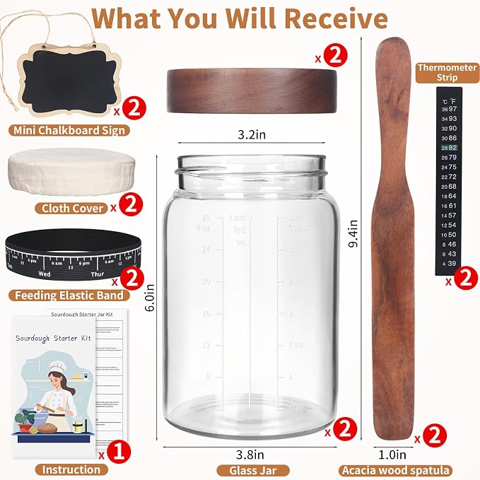 Kmise 2 Pack Sourdough Starter Jar Glass, 34 Oz Wide-mouth Sourdough Starter Jar Kit W/Acacia Spatula, Cholkboard Sign, Thermometer, Feeding Band, cloth cover,Reusable Sourdough Bread Baking Supplies
