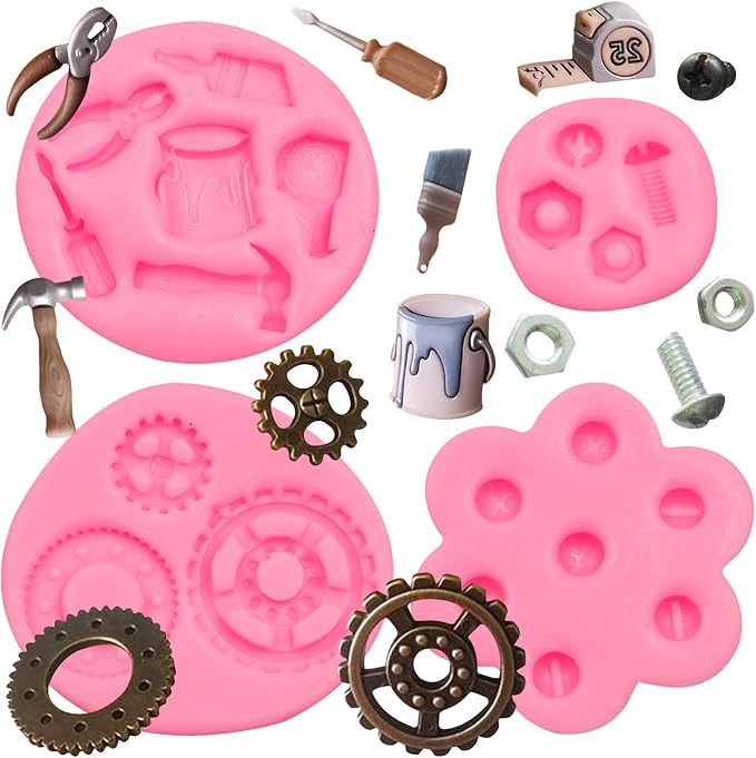 Hand Tools Silicone Mold 4 Pcs, Construction Tools Fondant Molds Gears Screw Nut Candy Molds for Chocolate Cake Decoration Cupcake Topper Cake Polymer Clay Crafts Epoxy Resin