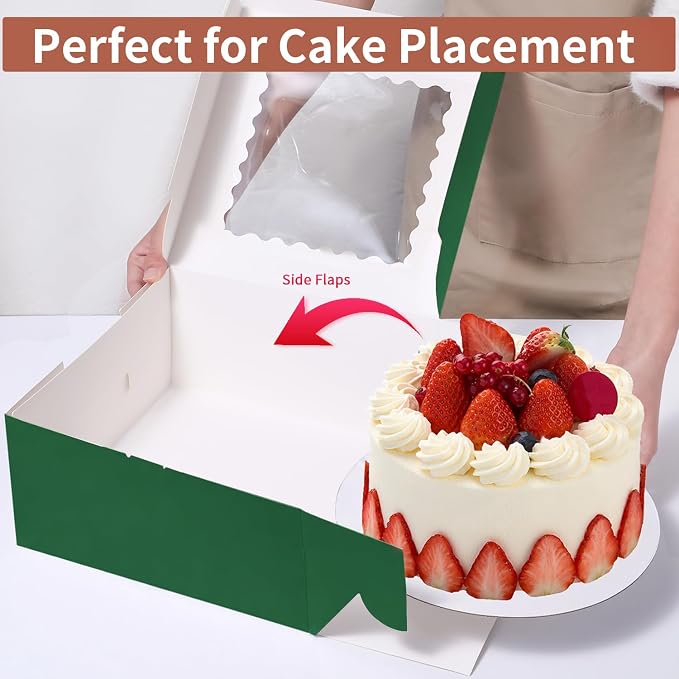 16pcs 10x10x5 Inches Cake Boxes,8pcs Green cake Box and 8pcs Boards,Cajas Pasteles for Disposable 10 inch Cake box with Window (Green, 10 * 10 * 5inch/16pcs)