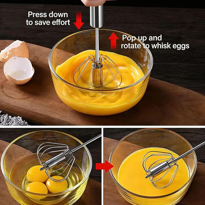 3 Packs Stainless Steel Whisk Set-Whisks for Cooking Non Scratch,Hand Push Rotary Whisk Blender,Balloon Whisk Kitchen Wisk Wire Whisks for Cooking,Whisking, Blending,Beating and Stirring