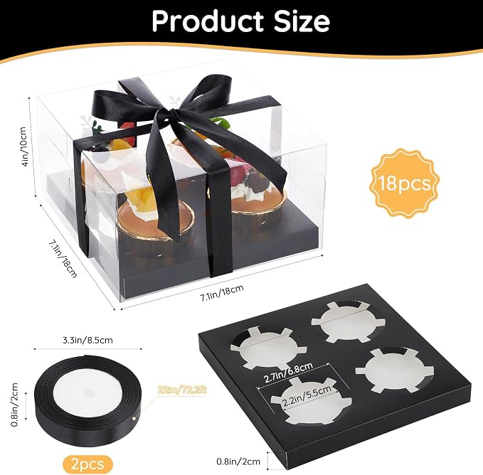 EUSOAR Cupcake Boxes 4 Count, 18 Pack Black Clear Muffins Gift Holders 4 Count with Gift Ribbon, Rectangle Bakery Mini Cake Containers Disposable Cake Carriers for Wedding Party Favor Supplies
