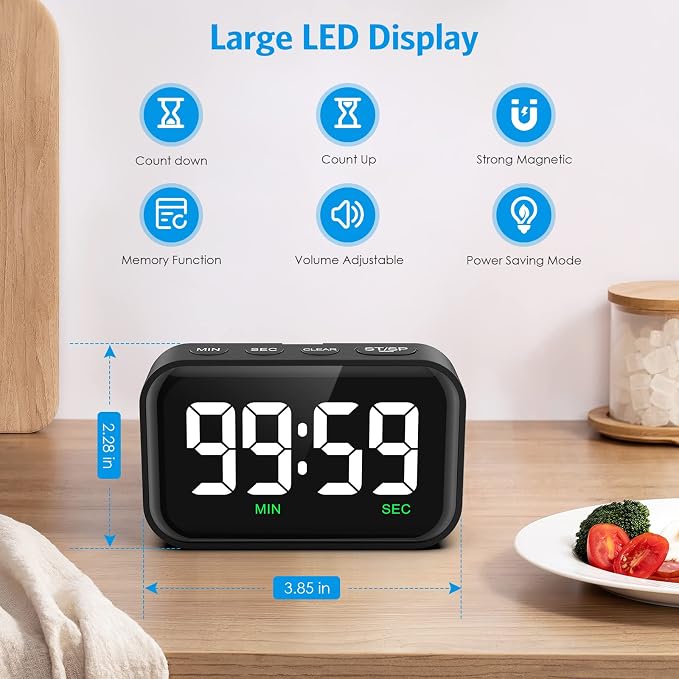 Digital Kitchen Timer, Digital Timer with Large LED Display, Magnetic Classroom Timer with Count Up Countdown, 3 Volume Levels for Cooking/Office/Kids/Work/Study, Black (Battery Included)