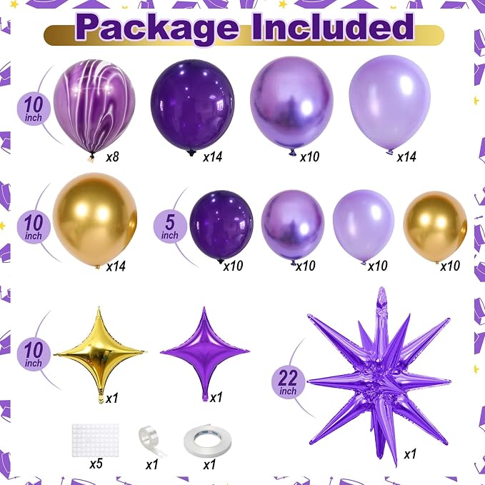 Purple and Gold Balloon Arch Kit Graduation Decorations 2026, 110Pcs Purple Balloon Garland with Explosion Foil Star Metallic Dark Violet Lavender Lilac Birthday Party Balloons for College School Prom