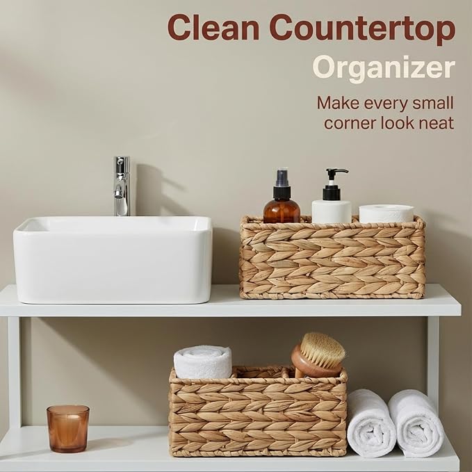 Water Hyacinth Wicker Baskets for Storage, Handwoven Rattan Shelf Basket with 3 Divided Compartments for Organizing Pantry Closet Wardrobe, 100% Natural Decorative Woven Organizer Bin, 2 Pack