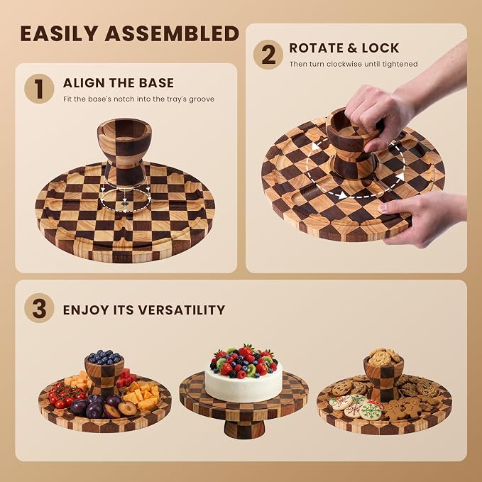Metflavor Cake Stand with Dome Lid - 12in Wooden Cake Stand with Shatterproof Acrylic Dome, 2-in-1 Dessert Display & Charcuterie Board, Checkered Platter for Serving Cupcakes, Cheese and Fruits