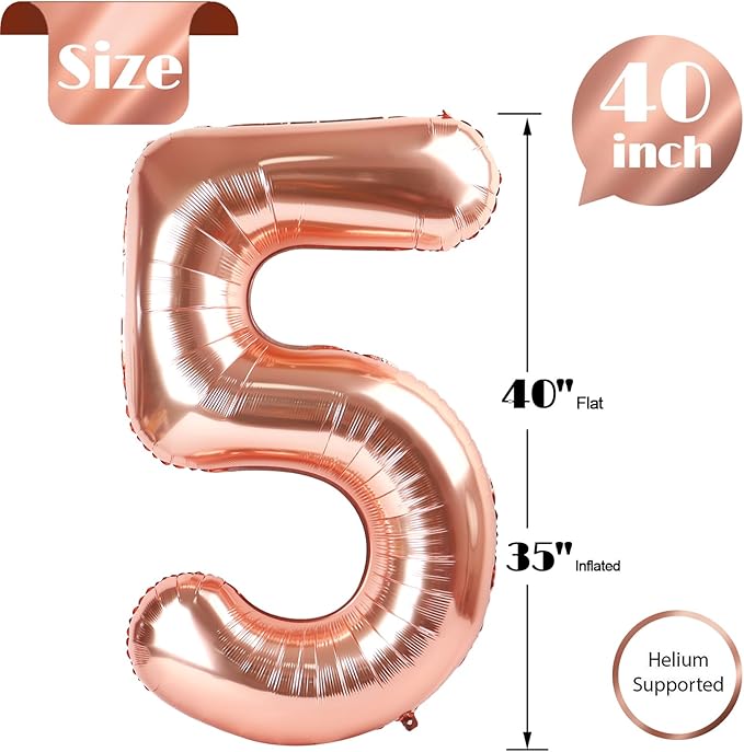 Rose Gold Number 5 Balloon 40 Inch, 5th Birthday Party Decorations for Children, Giant 5 Foil Balloon for Party Supplies
