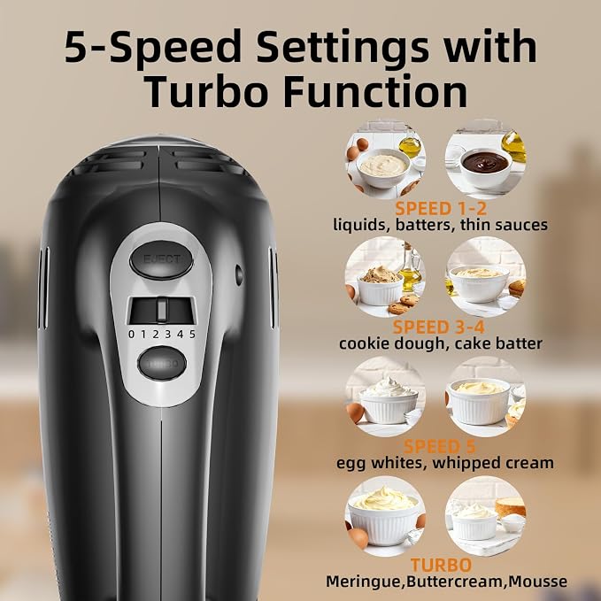 3.2QT 2-in-1 Stand Mixer, Electric Kitchen Mixer with Auto-Rotating Bowl & Tilt-Head, 5-Speed 250W Turbo Baking Machine for Beginners with Beater & Dough Hook for Cookie, Bread, Cake (Black)