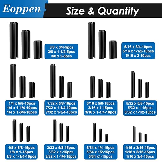 370Pcs SAE Roll Pin Assortment Set - Slotted Spring Pins Steel Split Expansion Pin 10 Sizes 1/16 5/64 3/32 1/8 5/32 3/16 7/32 1/4 5/16 3/8 Inch for Home Improvement Automotive Repair