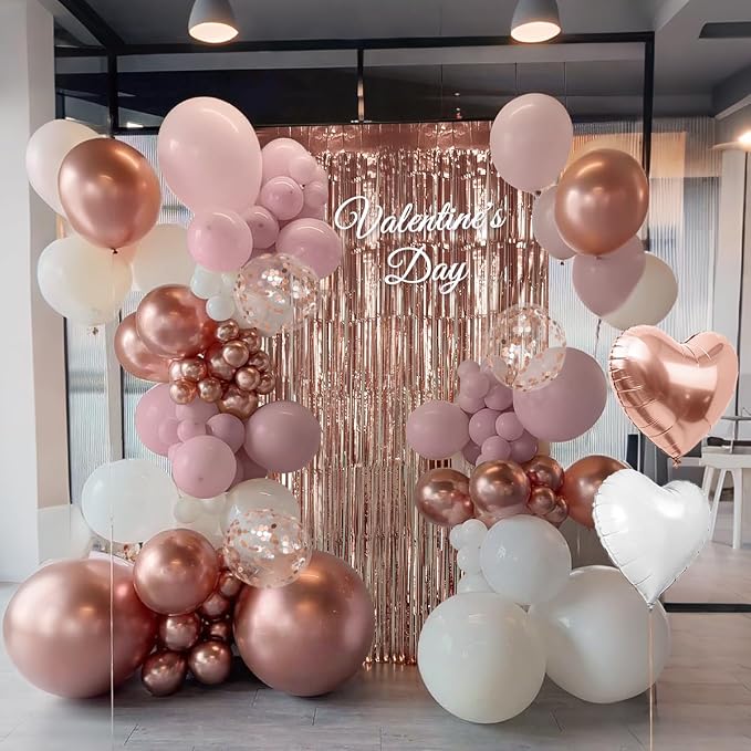 157PCS Rose Gold Dusty Pink and White Balloons with Rose Gold Fringe Curtain for Woman Girl Princess Birthday Bridal Shower Engagement Wedding Baby Shower Valentine’s Day Decorations
