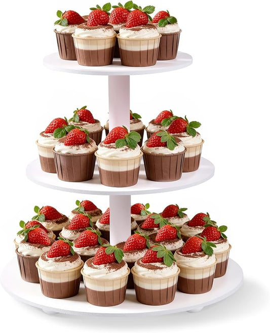 VIVIRBIEN 3-Tier Wooden Cupcake Stand:12in White Round Tiered Cake Stand,Dessert Display for 33 Cupcakes,Easy to Assemble and with Instruction,Cupcake Tower for Wedding/Party/Birthday/Decor