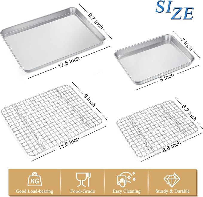 P&P CHEF 12.5 + 9 Inch Toaster Oven Pan with Rack Set, Stainless Steel Baking Pan Tray and Grid Cooling Rack for Cooking/Roasting, Dishwasher Safe & Easy to Clean, Non-toxic & Sturdy, (4Pcs)