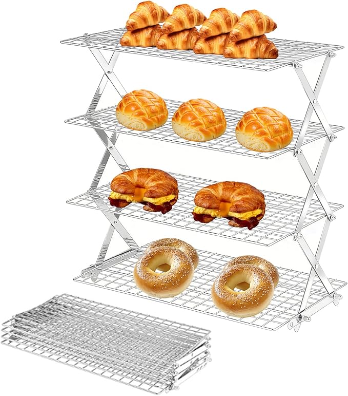 4 Tier Collapsible Cooling Rack Adjustable ＆ Stackable Baking Rack Wire Cooling Rack for Cookies Bread Baking