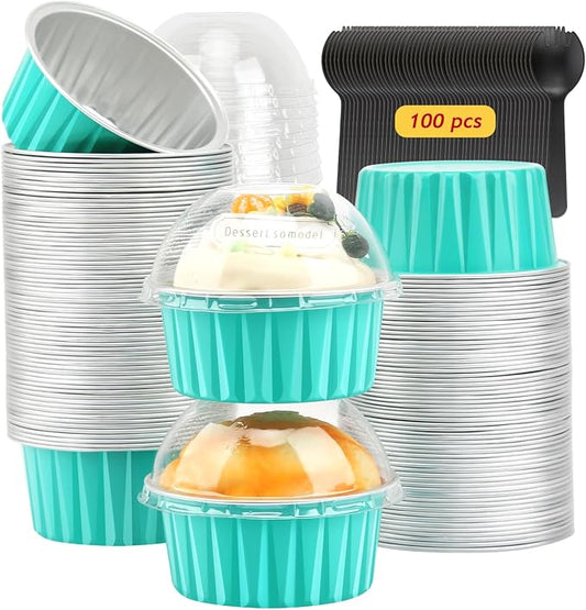 Cupcake Pans With Dome Lids 100 Pack,LNYZQUS 5oz Mini Aluminum Baking Cups Muffin Tin,Disposable Ramekins Cake Containers Holders -Cyan Blue (Round125)