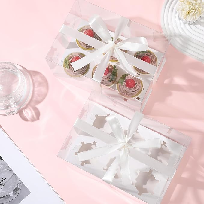 JCD 5.5inches height 8 Pack Clear Cupcake Boxes 6 Count Cupcake Containers with Gift Ribbon, Rectangle Cupcake Holder for Treats, Dessert Boxes, Muffins (6count/8pcs)