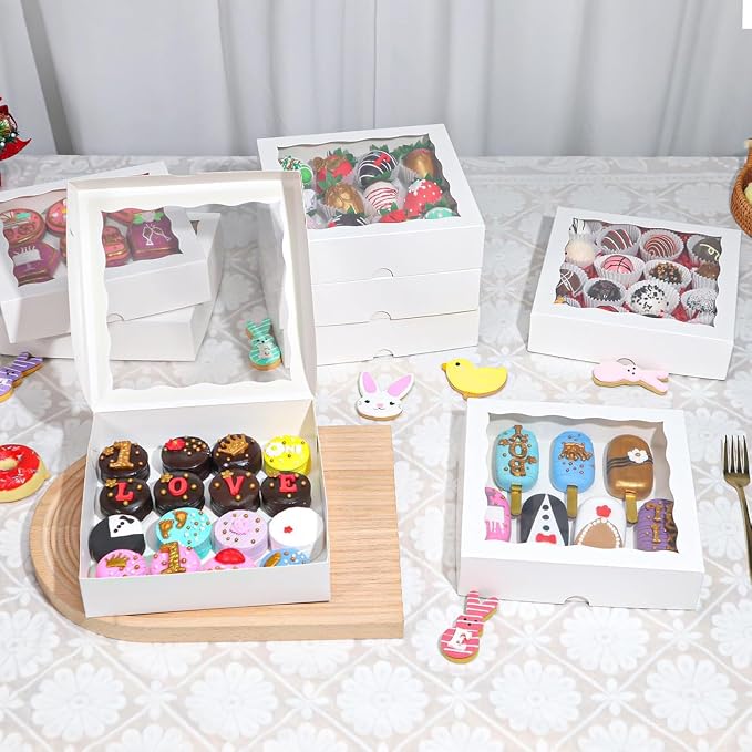 RomanticBaking 30pcs 8x8x2 Inches Bakery Boxes with Window Pie Boxes Cookies Boxes Chocolate Covered Strawberries Boxes Cakesickle boxes