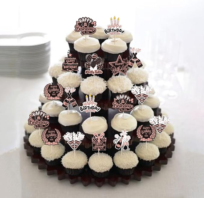 40 PCS Happy Birthday Cupcake Toppers Double Sided Balloon Star Cheers Party Time Happy Birthday Cupcake Picks for Celebrating Anniversary Theme Party Cake Decorations Supplies Black Rose Gold