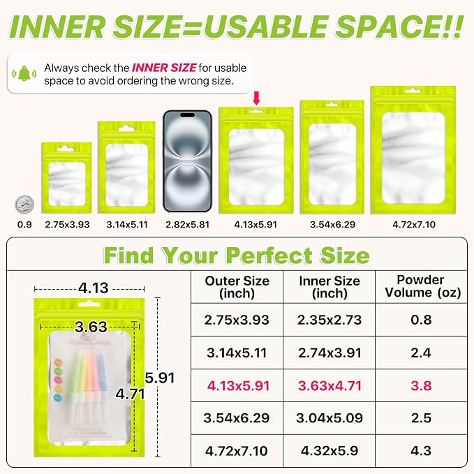 100 Pack Smell Proof Bags, Resealable Packaging Mylar Bags, Heat Seal Bag with Frosted Clear Window, Foil Pouch Smell Proof Zipper Bag for Food Storage (Green, 4.13 x 5.91)