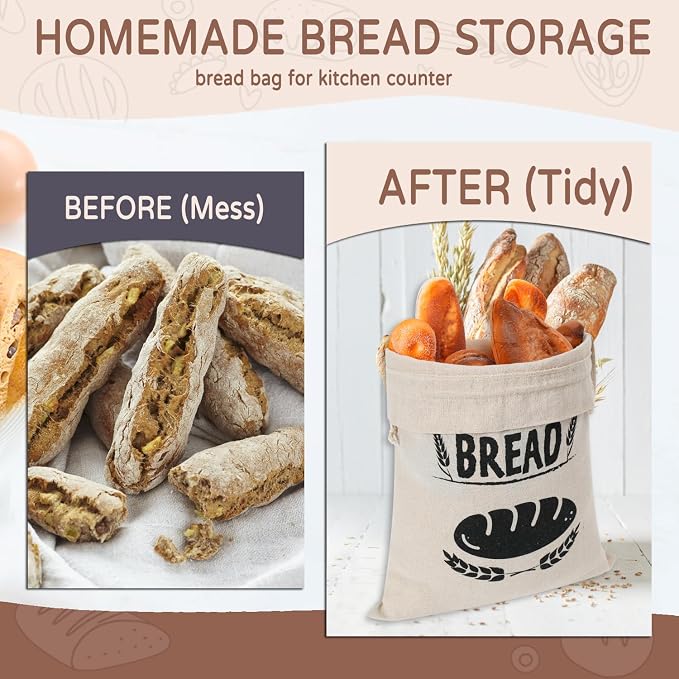 Bread Bags for Homemade Bread, Line Produce Bread Bag Storage, Drawstring Reusable Sourdough Bread Bags for Toast, Loaf,Sandwich Fresh (Linen Lined)