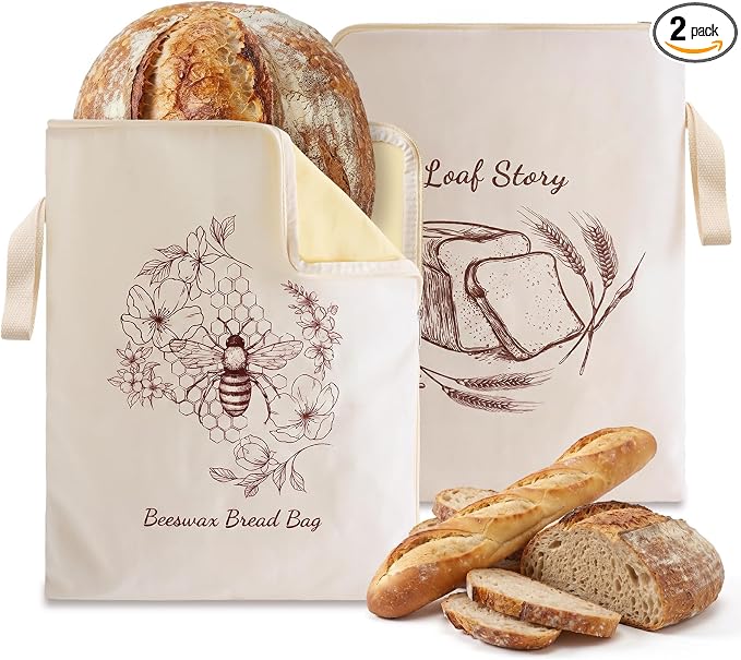Beeswax Sourdough Bread Bags with Wide Zipper Access, 2 Pack XL 13" x 17" Reusable Linen Cotton Bread Bags for Homemade Bread, Helps Maintain Crust & Freshness (Double-Sided Print Design)