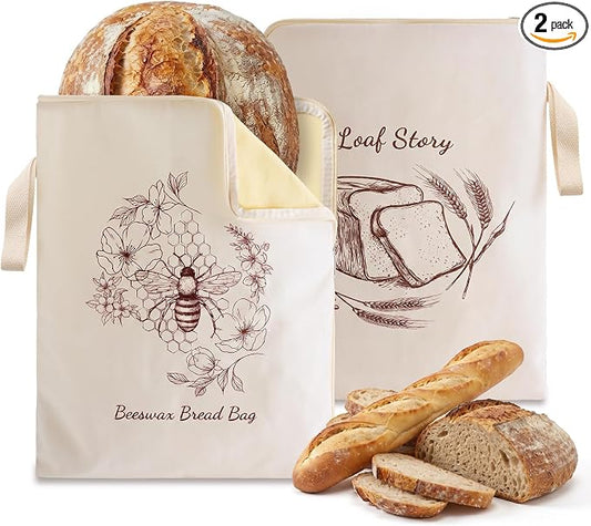 Beeswax Sourdough Bread Bags with Wide Zipper Access, 2 Pack XL 13" x 17" Reusable Linen Cotton Bread Bags for Homemade Bread, Helps Maintain Crust & Freshness (Double-Sided Print Design)