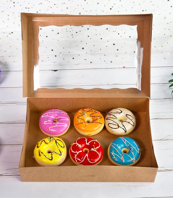 Brown Pastry Bakery Box 14x10x3inch,Large Donuts,Muffins,Cookies Boxes with PVC Window - Auto-Pop up Paper Box Nature Cardboard Take Out Container,Pack of 15