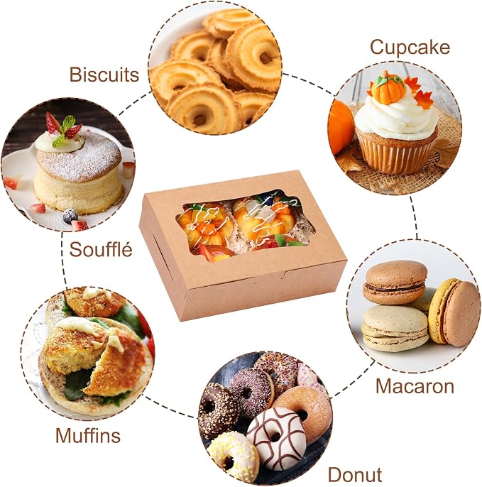 TOMNK 48pcs 8x6x2.5 Inches Cookie Boxes, Treat Boxes with 3 Style Window, for Chocolate Strawberries Muffins Donuts and Party Favor