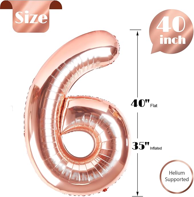 Rose Gold Number 6 Balloon 40 Inch, 6th Birthday Party Decorations for Children, Giant 6 Foil Balloon for Party Supplies
