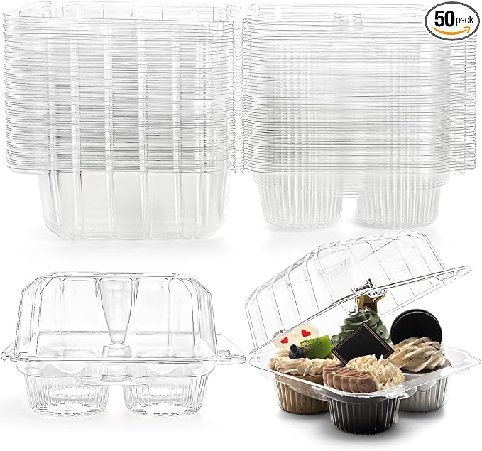 Coloch 50 Pack Clear Cupcake Box, 4 Cavity Plastic Cupcake Holder with Deep Dome Disposable 4-Compartment Dessert Container Bakery Carrying Box for Bakery, Cupcake