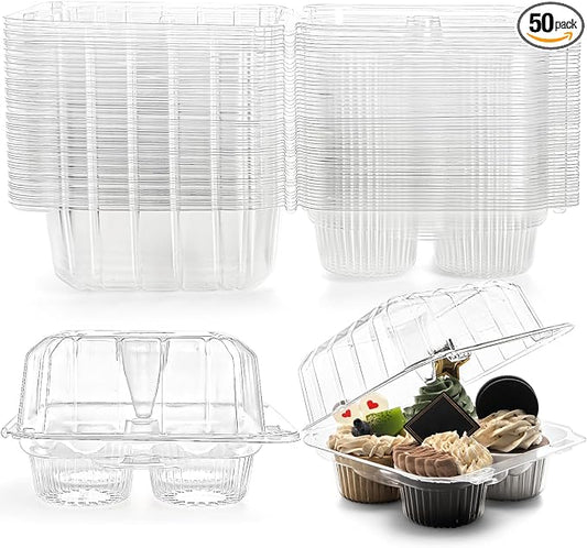 Coloch 50 Pack Clear Cupcake Box, 4 Cavity Plastic Cupcake Holder with Deep Dome Disposable 4-Compartment Dessert Container Bakery Carrying Box for Bakery, Cupcake