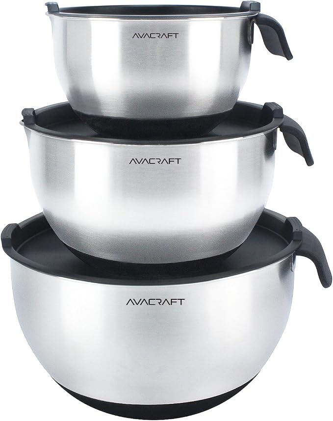 AVACRAFT 18/10 Stainless Steel Mixing Bowls with Lids, non slip silicone base bowls with Handle, Mixing Bowl Set with Pour Spouts & Measurement Marks, Home Essentials Cooking Bowls, (Black)