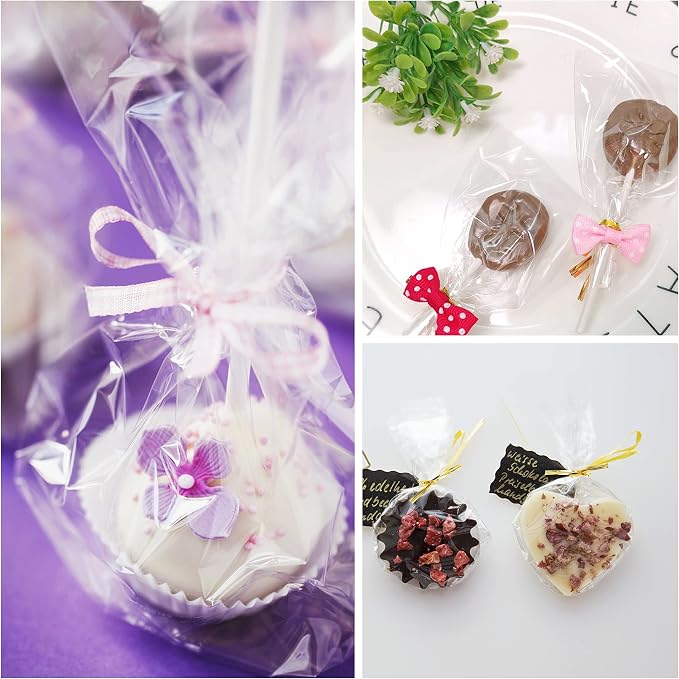 Augshy Cake Pop Bags,300 Pcs 4x6 Inches Clear Treat Cello Bag for lollipop | Individual Packaging Resealable with 300 Twist Ties, 1.4 mils Thickness OPP Plastic Bag for Candy Chocolate Cookie Wrapping