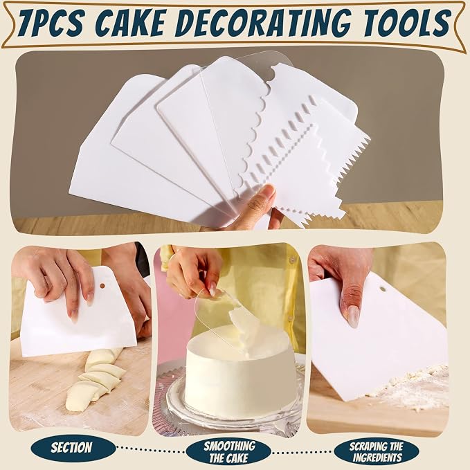 Teenitor Cake Scraper Cake Smoother, 7 Pcs Dough Scraper Bowl Scraper Cake Cutter Cake Spatula Bench Scraper Kitchen Plastic Scraper Tool Cake Decorating Kit