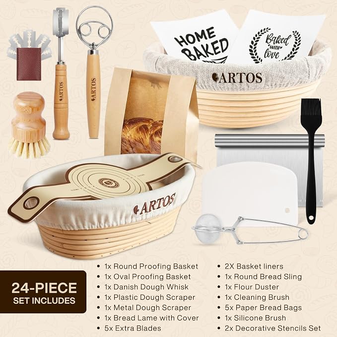 Sourdough Starter Kit | 9" Round & 10" Oval Banneton Bread Proofing Baskets | Sourdough Bread Baking Supplies with Silicone Sling Dough Whisk, Scrapers Lame, Detailed Guide & Recipes & more