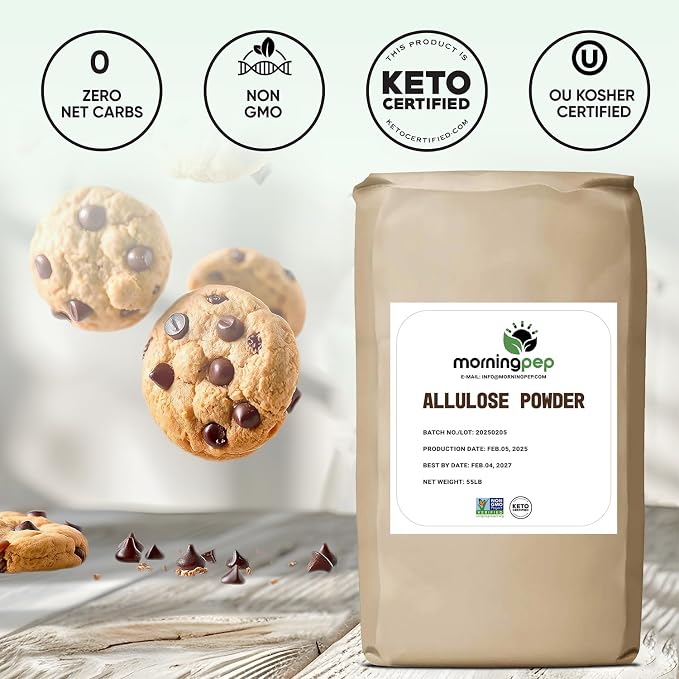 Morning Pep Allulose Sweetener 55 lb – Zero Calorie Sugar Alternative, 100% Pure, No Erythritol, Non-GMO Project Verified, Keto Certified, OU Kosher, No Fillers, Ideal for Baking and Beverages, BULK Bag
