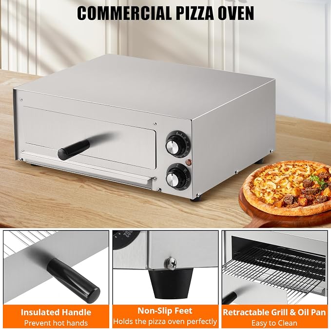 Commercial Pizza Oven Countertop, 14" Electric Pizza Oven for Indoor Use, Stainless Steel Electric Oven with Timer, Removable Crumb Tray, for Home Kitchen, Restaurant
