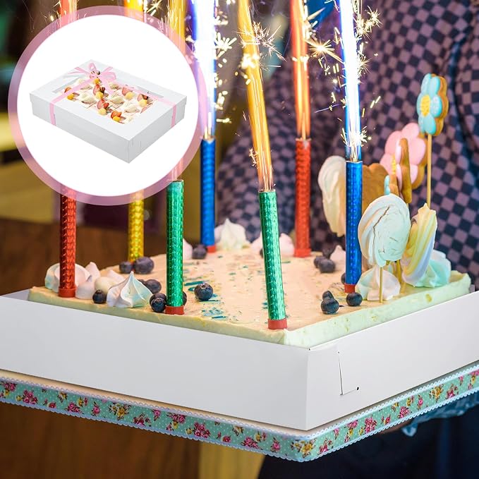 5 Set Full Sheet Cake Box 26 x 18 x 4 Inch with Cake Boards and Pink Satin Ribbon Large Rectangle Bakery Boxes with Window White Bakery Boxes for Packaging Cupcakes Muffins Pie