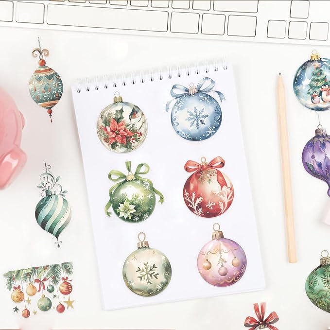 50Pcs Transparent Christmas Ball Stickers for PET Christmas Holiday Stickers Vintage Craft Sticker Colorful Sticker for Journaling Scrapbooking Guitar Clear Flowers Decals Festival Items (SD Ball)