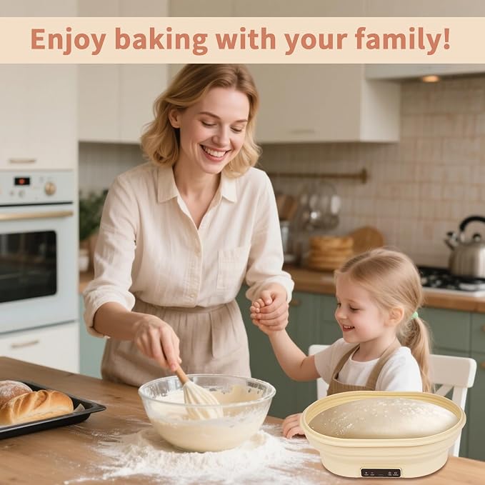 XPXKJ Heating Bread Proofing Basket Set Foldable Thermostatic Silicone Bowl with 77-122℉ 6 Gears Temperature & 6H Timer, Baking Sourdough Starter Bread Making Supplies Tools Kit (13.7×10.2×4.3'')