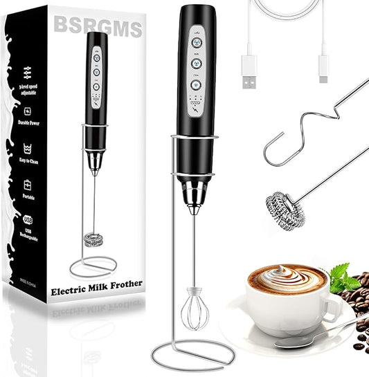 BSRGMS Milk Frother Handheld with Stand, Electric Whisk 3 Speed Adjustable, Drink Mixer with Stainless 3 Whisk, Rechargeable Hand Frother Wand, Foam Maker for Latte Cappuccino Hot Chocolate Egg Black
