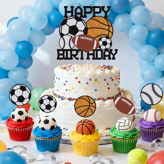 6pcs sports Happy Birthday Cake Topper， | Boys and Girls Sport Theme Party Decoration，for Ball Sports Themed Birthday Parties or Game Day Celebrations