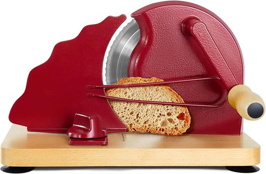 Manual Bread Slicer for Homemade Bread, Bread Cutter for Adjustable and Even Slices, Classic Hand Crank Sourdough Slicer with Scale Line & Powerful Suction Cup, Sharp Stainless Steel Blade (Red)