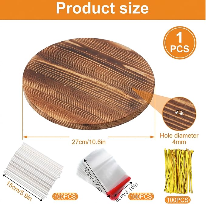 Revolving Cake Pop Holder with 100 Sticks, 97-Hole Wood Lollipop Holder with Rotatable Base, Lollipop Table Display Stand, Round Cake Pop Drying Stand, for Wedding Birthday Holiday Parties Decor