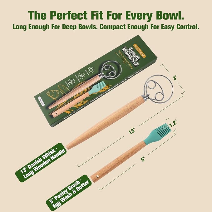 Danish Dough Whisk & Pastry Brush Set, 13-Inch Stainless Steel Sourdough Bread Tools with Long Wooden Handle, Heavy Duty Dutch Whisk for Bread, Pizza, Pastry & Sourdough Baking