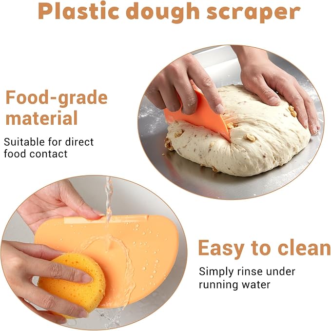 3PCS Dough Scraper Set, Plastic Flexible Bread Dough Scraper Tool | Bowl Scraper with Curved Edge, Kitchen Bench Scrapers for Bread Sourdough Cake Batter Pastry Cheese, Orange