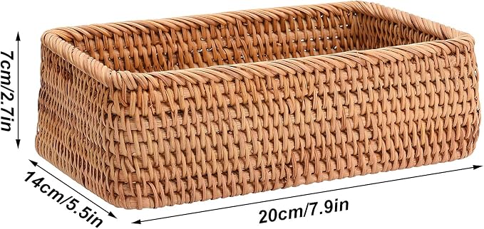 TITA-DONG Rattan Storage Baskets Rectangle Woven Bread Basket Rectangular Wicker Serving Organizer Tray Rattan Fruit Basket, Stackable Wicker Organizer for Kitchen Countertop Bathroom Living Room(S)