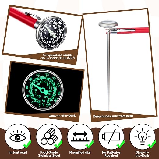 Xuhal 6 Pcs Stainless Steel Kitchen Glow Thermometer with 5 Inch Long Stem 1 Inch Dial Thermometer Milk Frothing Food for Oven Probe Meat Grill BBQ Cooking Chocolate Water (White Red)